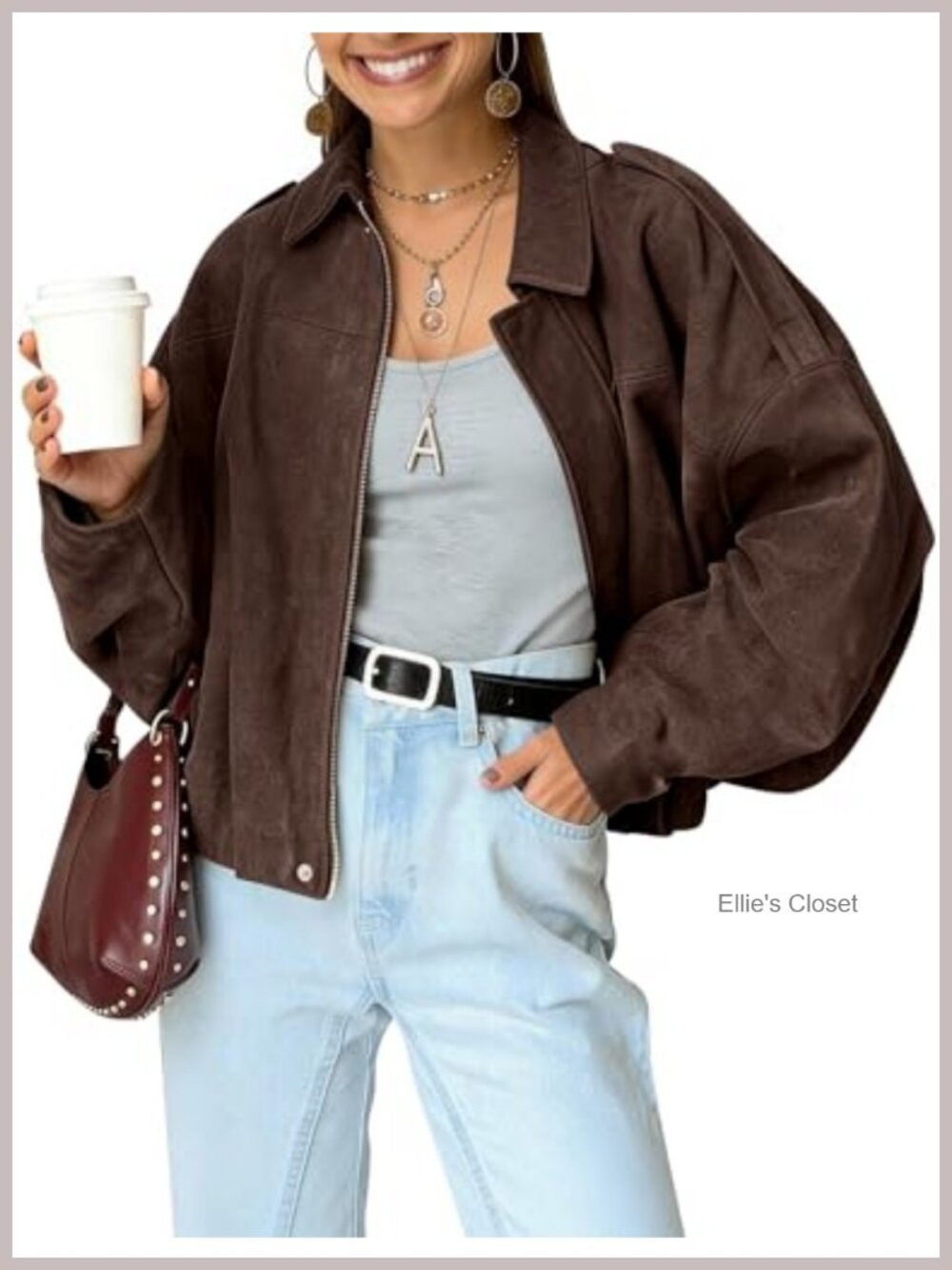 Womens Faux Suede Bomber Jacket Oversized Long Sleeve Cropped Coat
